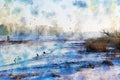 Watercolor painting of havel river winter landscape. snowy. birds on the water. Havelland Royalty Free Stock Photo