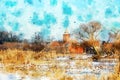 Watercolor painting of havel river winter landscape. snowy. village guelpe in background with its church Royalty Free Stock Photo