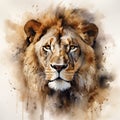 A watercolor painting of the head of an elegant lion, the king of the jungle, in dark beige and golden colors. Generative AI Royalty Free Stock Photo