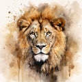 A watercolor painting of the head of an elegant lion, the king of the jungle, in dark beige and golden colors. Generative AI Royalty Free Stock Photo