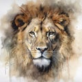 A watercolor painting of the head of an elegant lion, the king of the jungle, in dark beige and golden colors. Generative AI Royalty Free Stock Photo