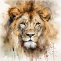 A watercolor painting of the head of an elegant lion, the king of the jungle, in dark beige and golden colors. Generative AI Royalty Free Stock Photo