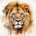 A watercolor painting of the head of an elegant lion, the king of the jungle, in dark beige and golden colors. Generative AI