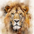 A watercolor painting of the head of an elegant lion, the king of the jungle, in dark beige and golden colors. Generative AI Royalty Free Stock Photo