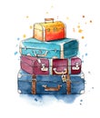 Watercolor painting of a heap of vintage luggage bags