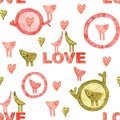 Watercolor painting with hearts, birds and wooden circles. Seamless hand drawing pattern for valentines cards, posters, prints.