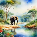 Watercolor painting high landscape on an African tropical jungle with trees next to a river with elephants and in Royalty Free Stock Photo