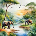 Watercolor painting high landscape on an African tropical jungle with trees next to a river with elephants and in Royalty Free Stock Photo