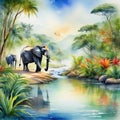 Watercolor painting high landscape on an African tropical jungle with trees next to a river with elephants and in Royalty Free Stock Photo