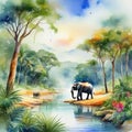 Watercolor painting high landscape on an African tropical jungle with trees next to a river with elephants and in Royalty Free Stock Photo