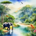 Watercolor painting high landscape on an African tropical jungle with trees next to a river with elephants and in Royalty Free Stock Photo