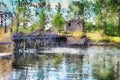 Watercolor painting of historical needle weir at Havel river in Havelland region Germany Royalty Free Stock Photo