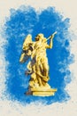 Watercolor painting of a holy angel statue with wings holding a war spear. Royalty Free Stock Photo