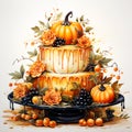 Watercolor and painting homemade Halloween Cake topping with orange flowers and decorated scary pumpkin. Dessert and food