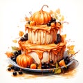 Watercolor and painting homemade Halloween Cake topping with orange flowers and decorated scary pumpkin. Dessert and food