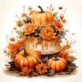 Watercolor and painting homemade Halloween Cake topping with orange flowers and decorated scary pumpkin. Dessert and food