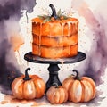 Watercolor and painting homemade Halloween Cake topping with orange flowers and decorated scary pumpkin. Dessert and food