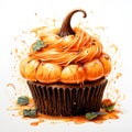 Watercolor and painting homemade Halloween cupcake topping decorated scary pumpkin. Dessert and food illustration