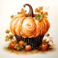 Watercolor and painting homemade Halloween cupcake topping decorated scary pumpkin. Dessert and food illustration