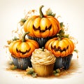 Watercolor and painting homemade Halloween cupcake topping decorated scary pumpkin. Dessert and food illustration