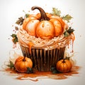 Watercolor and painting homemade Halloween cupcake topping decorated scary pumpkin. Dessert and food illustration