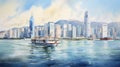 watercolor painting of Hong Kong skyline