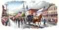 A watercolor painting of a horse drawn carriage as it takes part in a independence day parade. Concept 4th of July