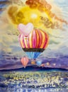 Watercolor painting hot air balloons top view city Royalty Free Stock Photo