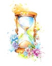 Watercolor painting of a hourglass decorated with flowers