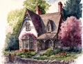 Watercolor painting of a house in the garden. Printable digital illustration. Generative AI