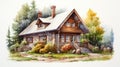Meticulous Realism: Uhd Watercolor Illustration Of A Light-filled Wooden Cabin
