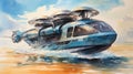 Watercolor Painting Of A Hovercraft In Motion