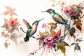 Watercolor painting of hummingbirds, flowers and leaves on white background