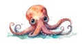 watercolor painting illustration of baby octopus with cute eyes in cartoon style