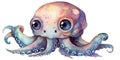 watercolor painting illustration of baby octopus with cute eyes