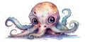 watercolor painting illustration of baby octopus with cute eyes