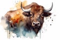 watercolor painting illustration of big and strong buffalo