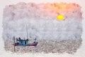 Watercolor painting illustration of Fishing boats and sunset Royalty Free Stock Photo