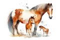 watercolor painting illustration of a horse with a small foals