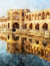 Watercolor painting illustration of Khaju bridge Isfahan Iran