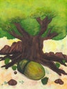 Watercolor painting illustration of a large oak tree with a big acorn lying in front of it.