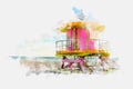 Watercolor painting illustration of Lifeguard tower in South Beach in Fort Lauderdale Florida, USA Royalty Free Stock Photo