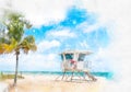 Watercolor painting illustration of Lifeguard tower in South Beach in Fort Lauderdale Florida, USA Royalty Free Stock Photo