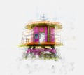 Watercolor painting illustration of Lifeguard tower in South Beach in Fort Lauderdale Florida, USA Royalty Free Stock Photo