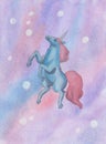 Watercolor painting illustration of a magnificent blue fantasy unicorn with pink mane and pink tail