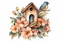 Watercolor Painting Illustration Of Nice Wooden Birdhouse And Bird In Flowers