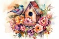 Watercolor Painting Illustration Of Nice Wooden Birdhouse And Bird In Flowers