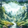 Watercolor painting illustration of panoramic landscape view of fantasy magical forest Royalty Free Stock Photo