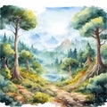Watercolor painting illustration of panoramic landscape view of fantasy magical forest Royalty Free Stock Photo