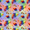 Watercolor painting illustration rainbow umbrella. Seamless repeating pattern. A colorful image. Hand-drawn picture. A Royalty Free Stock Photo